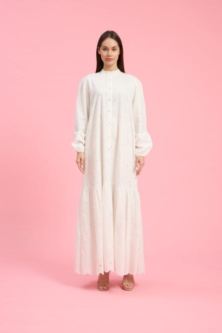 1383-Brode Elbise Beyaz