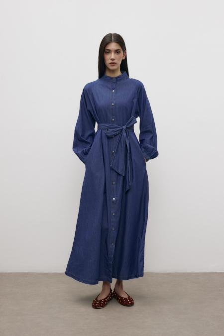 Basic Denim Elbise-Lacivert