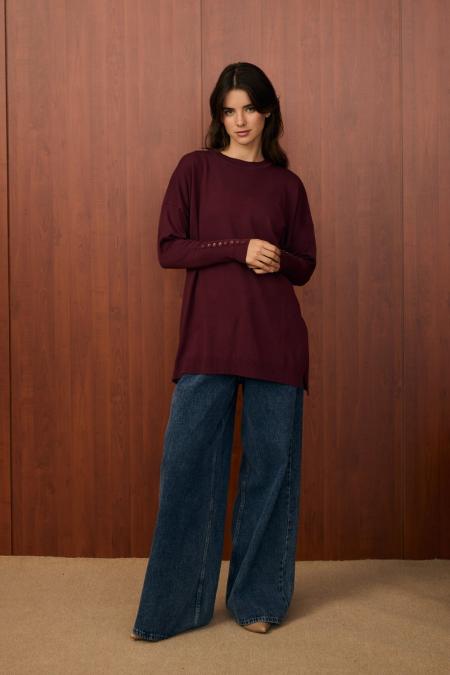 Basic Düğme Triko-Bordo