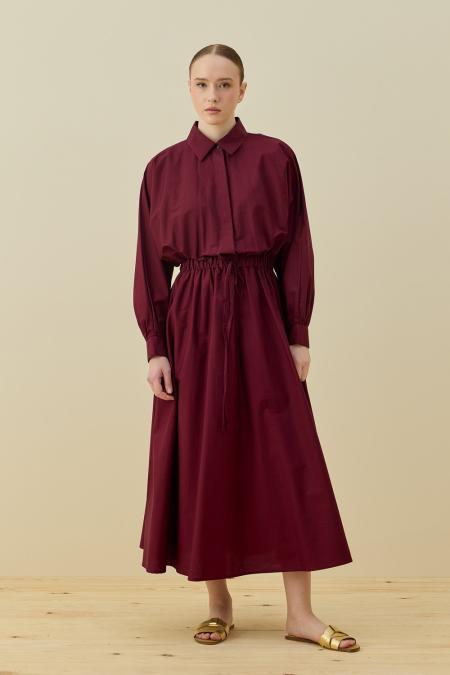 Basic Poplin Elbise-Bordo