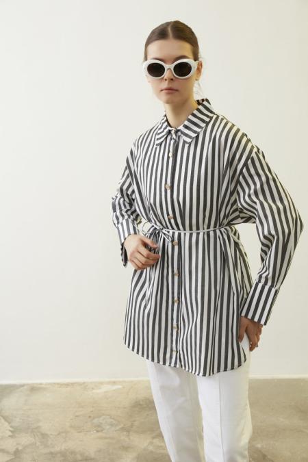 Blazer Çizgili Gömlek-Siyah