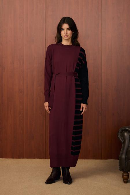 Blok Çizgili Elbise-Bordo