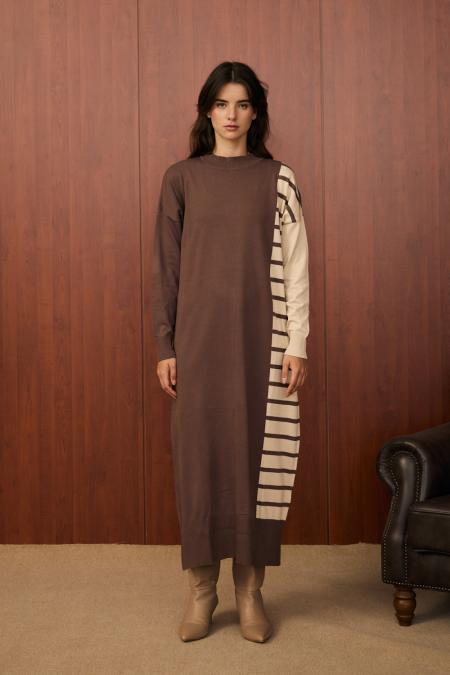 Blok Çizgili Elbise-Kahverengi