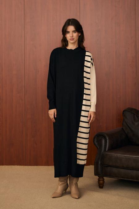 Blok Çizgili Elbise-Siyah