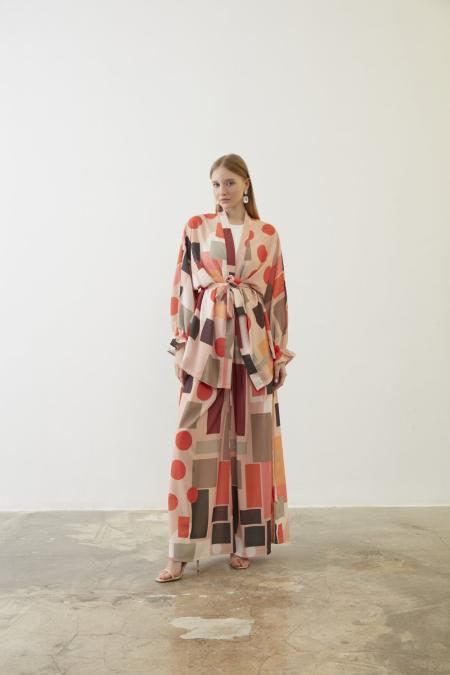 Desenli Kimono Takım-Turuncu