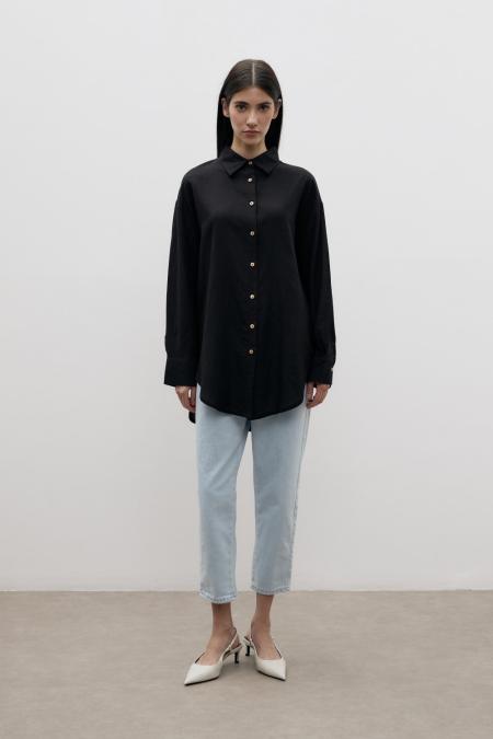 Düğme Keten Gömlek-Siyah