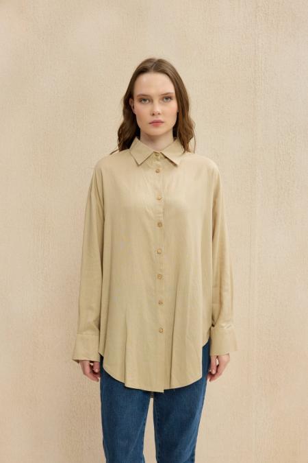 Düğme Keten Gömlek-Vizon