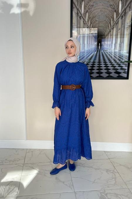 Hasır Kemer Brode Elbise-Saks Mavi