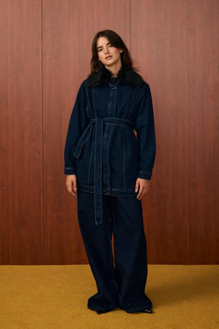 Kürk Denim Ceket-Lacivert