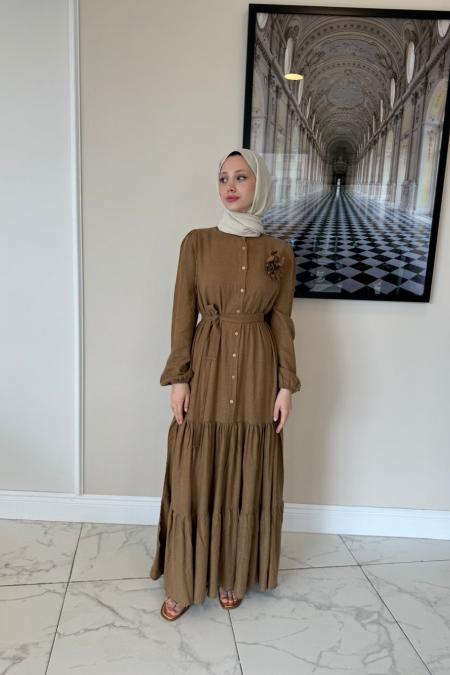 Linen Rose Elbise-Kahverengi