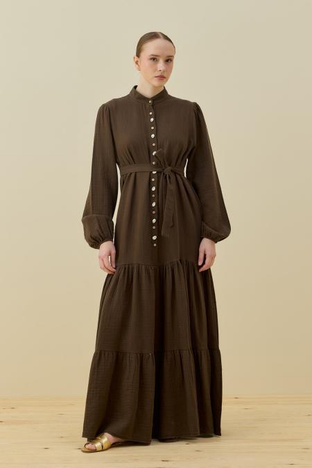 Organik Müslin Elbise-Kahverengi