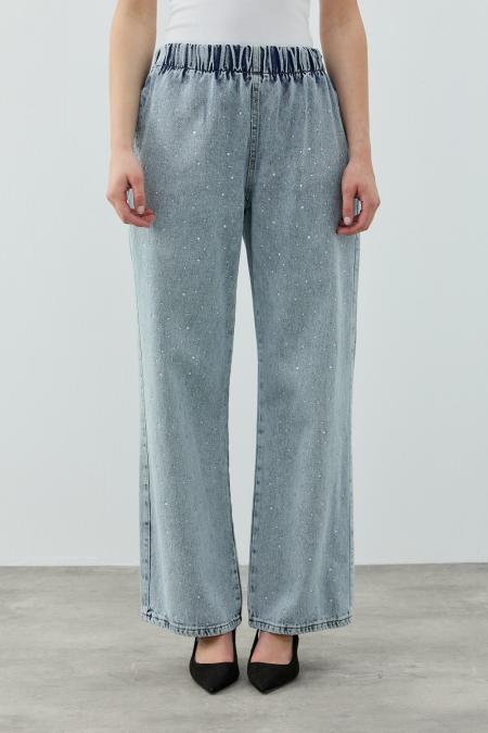 Palazzo Taşlı Denim Pantolon-Ky Mavi