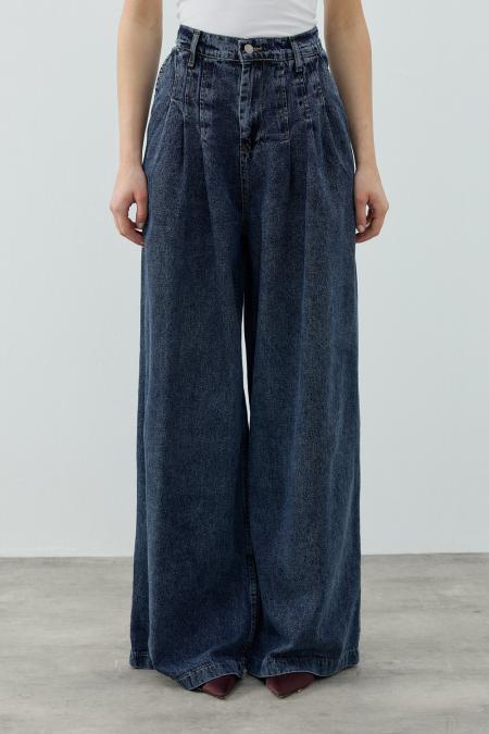 Pileli Denim Pantolon-Ky Lacivert