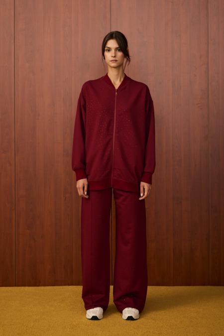 Pop Taşlı Pantolonlu Takım-Bordo