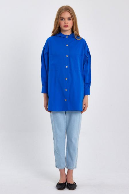 Poplin Likra Gömlek-Saks Mavisi