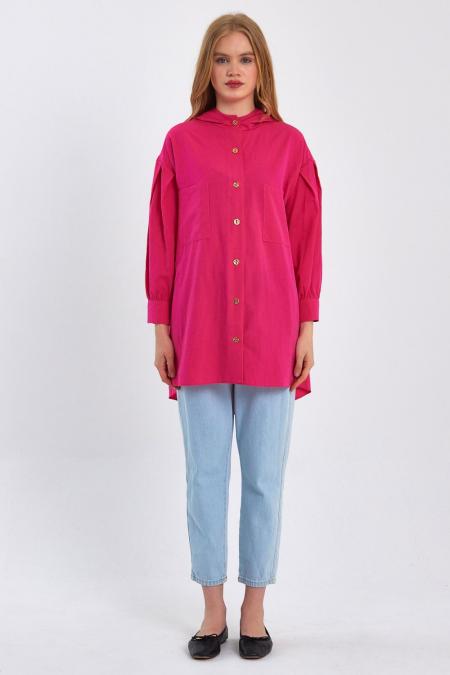 Poplin Likra Gömlek-Fuşya