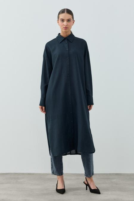 Uzun Keten Gömlek-Lacivert
