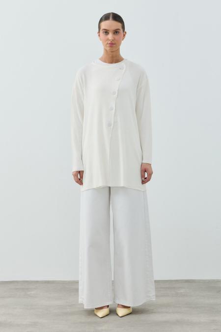 Yan Düğme Hırka-Beyaz