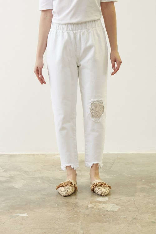 Dantel Denim Pantolon-Beyaz 