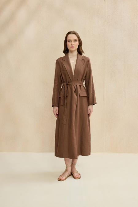Keten Uzun Ceket-Kahverengi