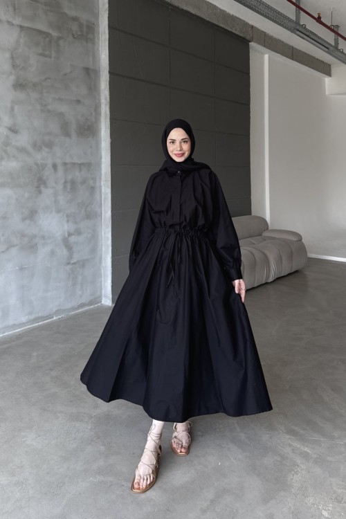 Basic Poplin Elbise-Siyah-MRW-1638