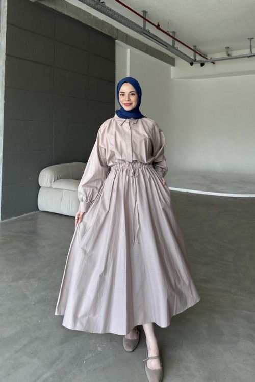 Basic Poplin Elbise-Bej-MRW-1638
