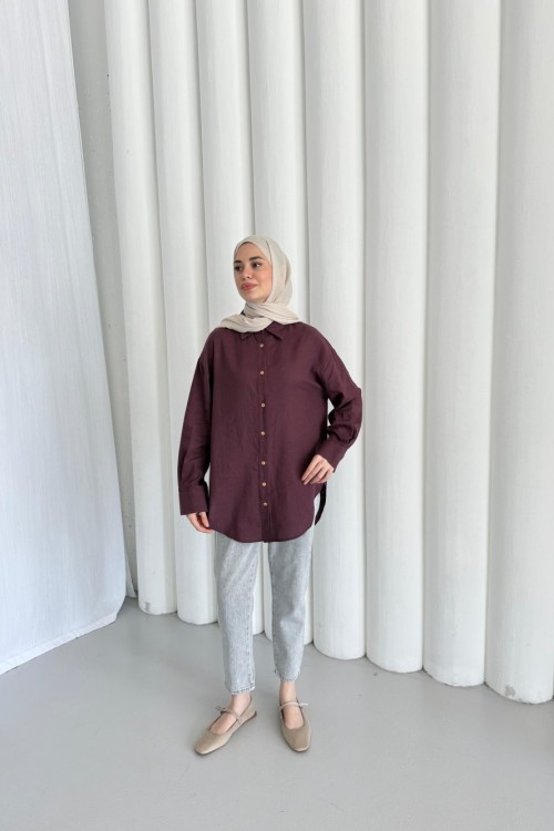 Düğme Keten Gömlek-Bordo