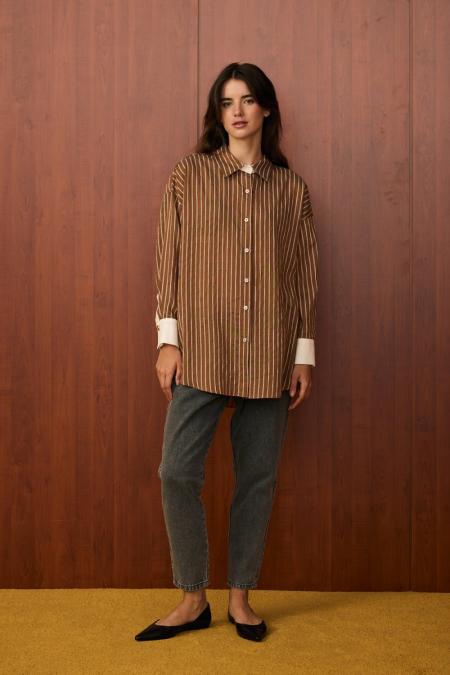 Pop Çizgili Gömlek-Camel
