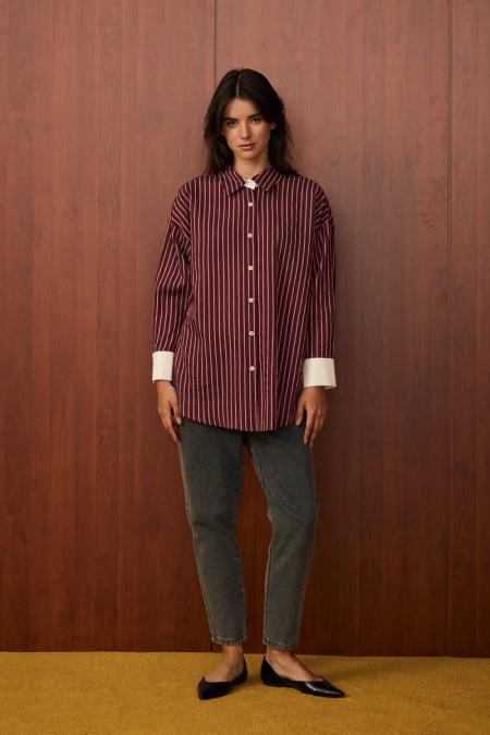 Pop Çizgili Gömlek-Bordo