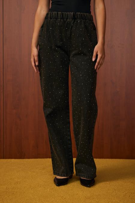 Palazzo Taşlı Denim Pantolon-Tint Siyah