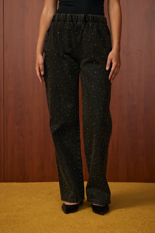 Palazzo Taşlı Denim Pantolon-Tint Siyah-MRW-1516