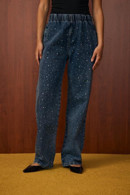 Palazzo Taşlı Denim Pantolon-Ky Lacivert