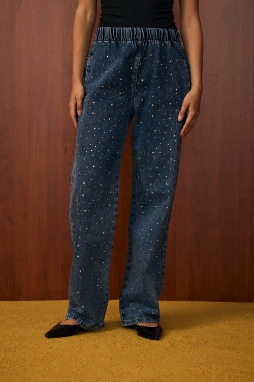 Palazzo Taşlı Denim Pantolon-Ky Lacivert-MRW-1516