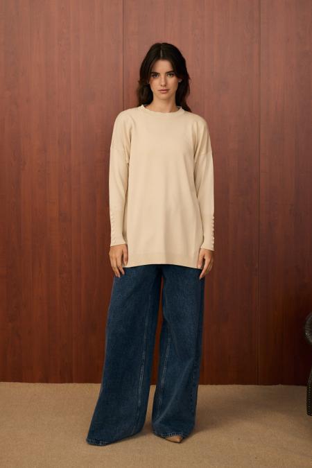 Basic Düğme Triko-Bej