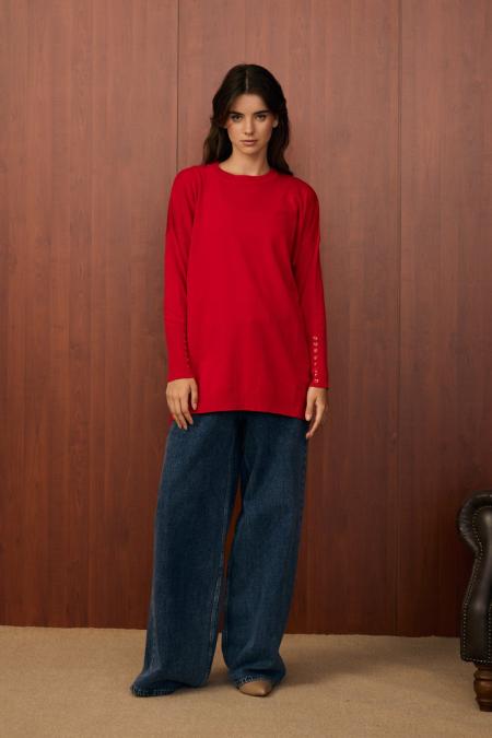 Basic Düğme Triko-Kırmızı