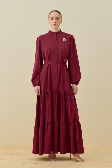 Broşlu Elbise-Bordo 