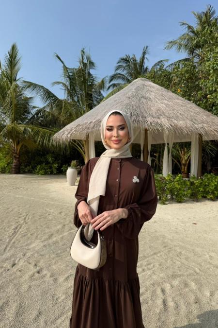 Broşlu Elbise-Kahverengi -MRW-1669