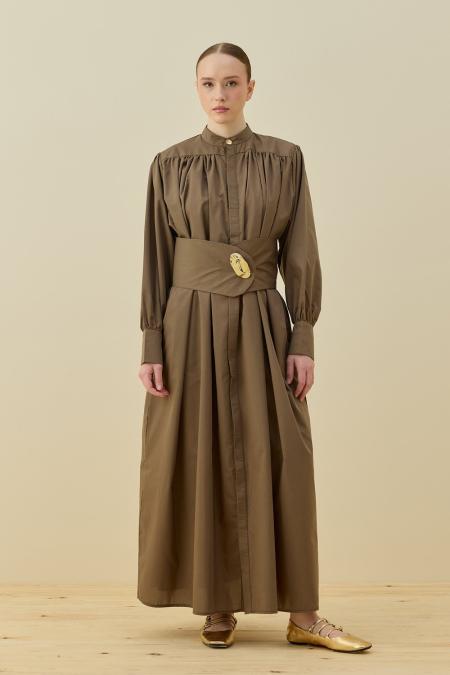 Şık Poplin Elbise-Kahverengi 