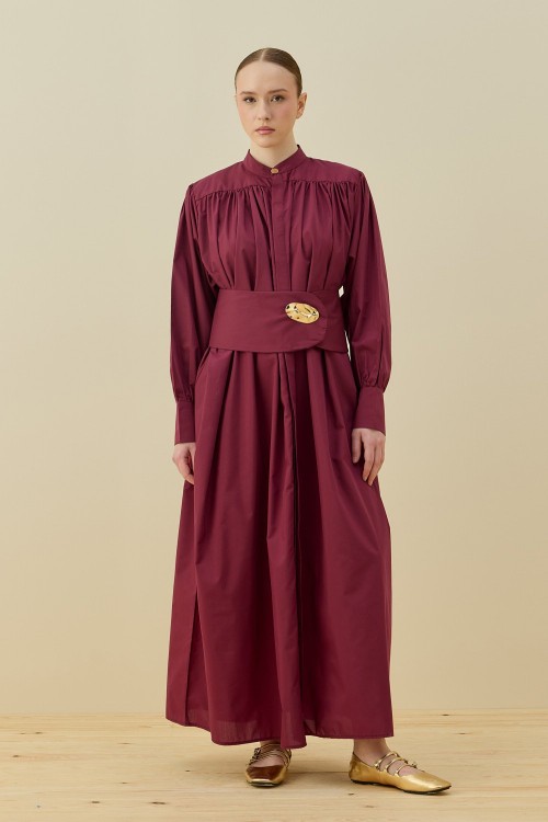 Şık Poplin Elbise-Bordo -MRW-1677
