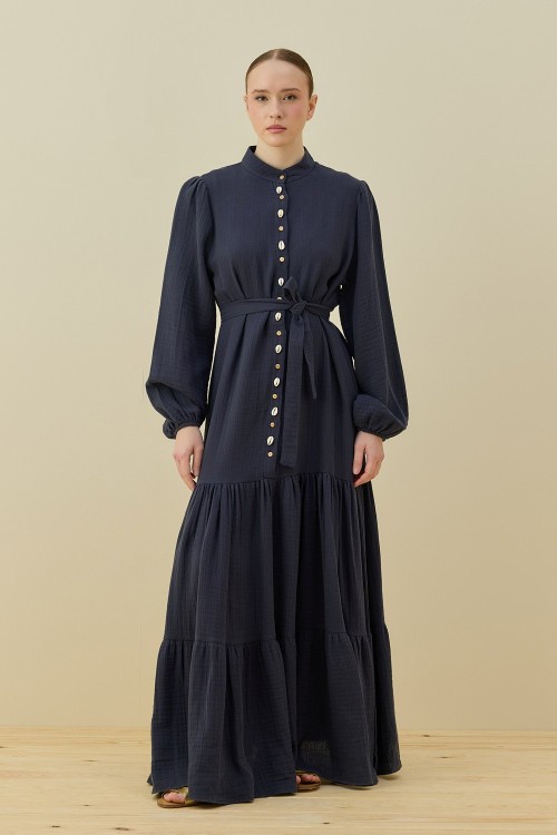 Organik Müslin Elbise-Lacivert-MRW-1795