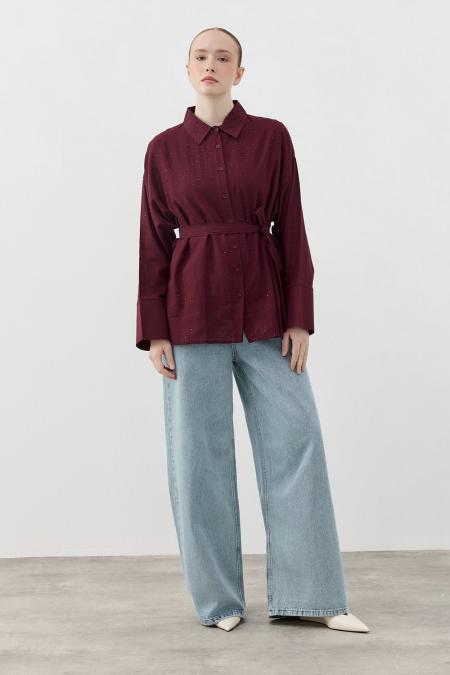 Pamuk Taşlı Gömlek-Bordo 