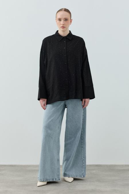 Pamuk Taşlı Gömlek-Siyah 