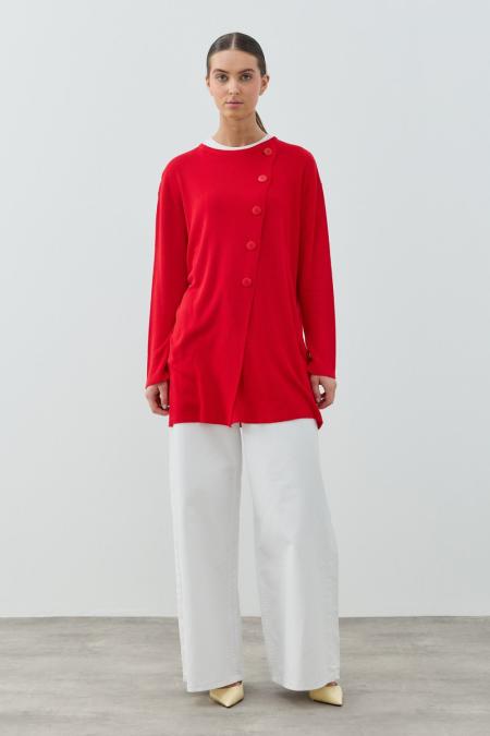 Yan Düğme Hırka-Kırmızı 