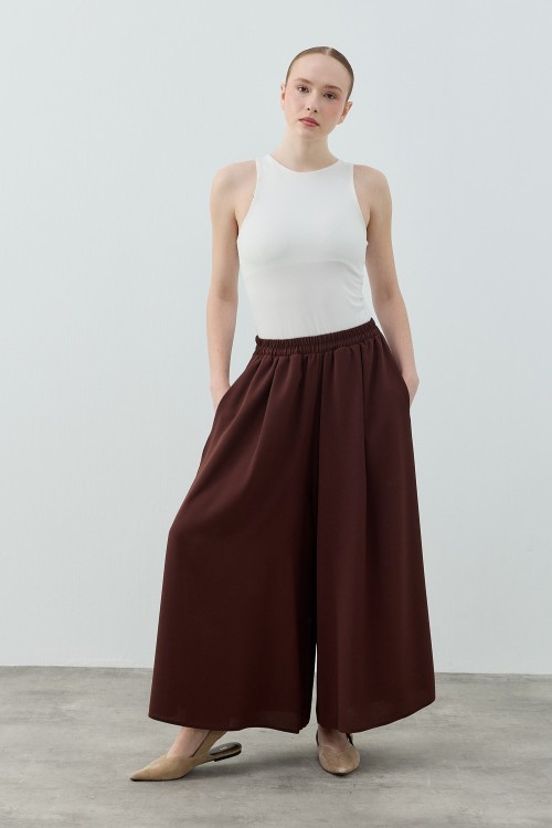 Comfy Krep Pantolon Etek-Kahverengi -MRW-1782