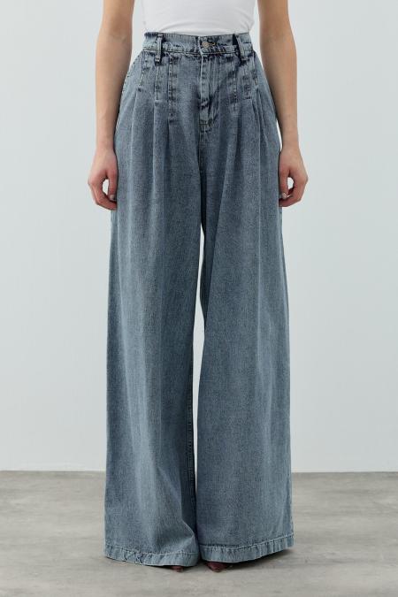 Pileli Denim Pantolon-Ky Mavi 