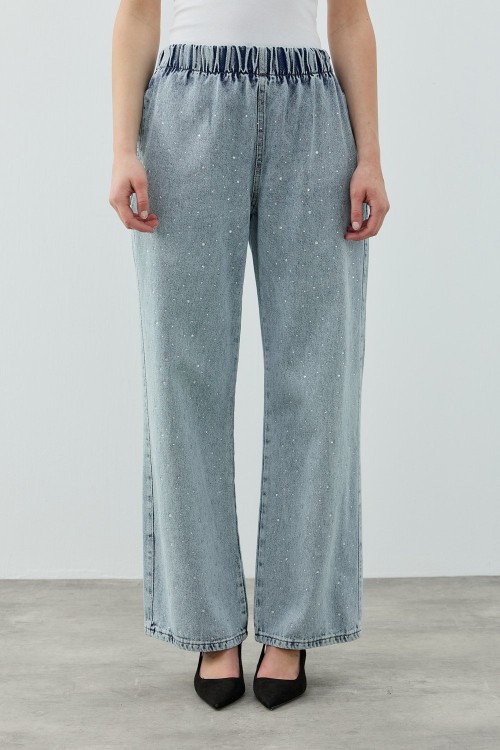 Palazzo Taşlı Denim Pantolon-Ky Mavi -MRW-1693